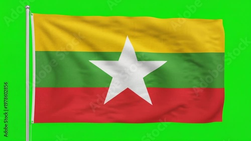 Waving Myanmar National Flag on Green Screen Background