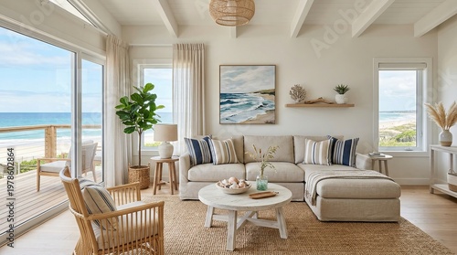 Coastal living room interior with airy layout, beach-inspired decor, relaxed seaside atmosphere, modern coastal house style