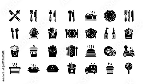 Minimal diner icons set filled food utensils fries and restaurant symbols vector eps10