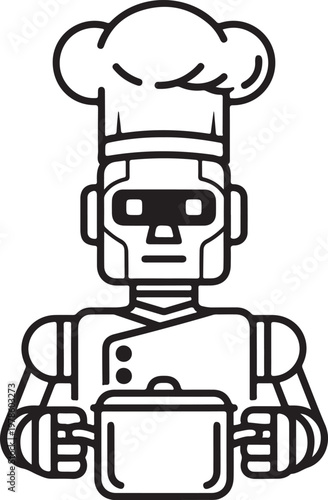 A robotic chef holding a pot depicted in a striking black silhouette