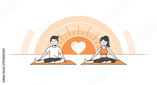 Couple Doing Yoga Together with Heart Symbol and Sunrise Background