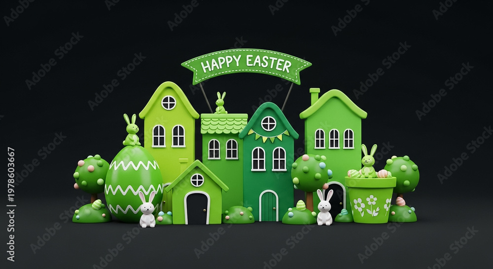 Naklejka premium 3D Easter house decoration with bunnies and happy easter banner on dark background