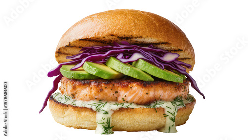 Grilled salmon burger with avocado and red cabbage, isolated on transparent background