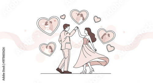 Couple Dancing Surrounded by Heart Frames with Memories - Love and Romance Illustration