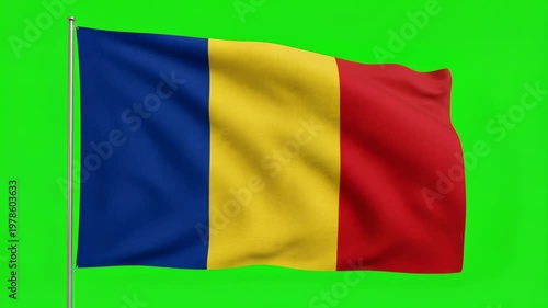 Waving Romania National Flag on Green Screen Background