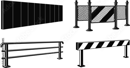Black and white vector illustration of various safety barriers, including a solid wall, metal railing, and striped traffic control barricades.