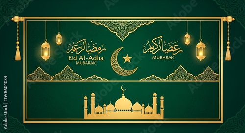 Elegant Eid al-Adha Mubarak banner with Islamic calligraphy crescent moons lanterns and sheep silhouettes celebrating the Festival of Sacrifice