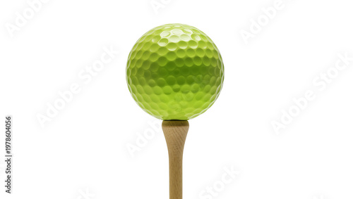Fotografie Bright green golf ball on wooden tee, isolated on transparent background