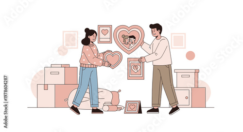 Couple Decorating Home with Heart Photo Frames, Moving In Together