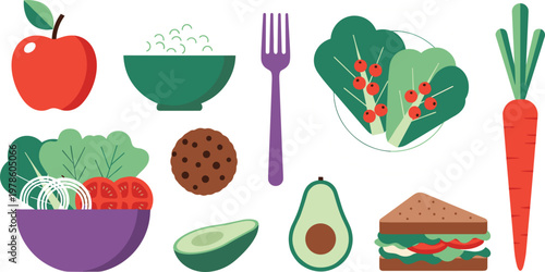Healthy lifestyle and nutrition vector set. Flat illustrations of salad bowl, avocado, sandwich, red apple, carrot, and fork for meal planning and wellness design.