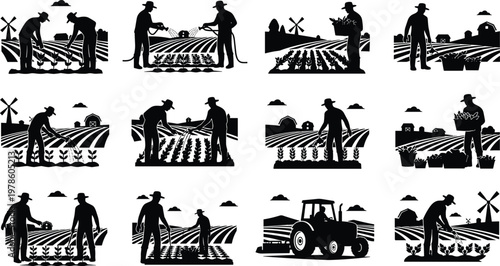 Farming silhouettes icons, agriculture workers, planting seeds, watering crops, harvesting produce, tractor equipment, rural landscape, farm work illustration, food production