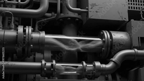 Subtle Mechanical Pulse Continuous, smooth movement within a perfectly static, monotone industrial frame.