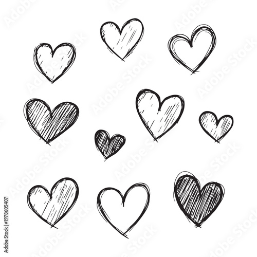 Hand drawn doodle hearts collection for romantic valentine design on white space