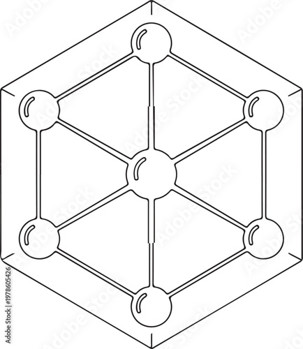 A three-dimensional geometric structure depicting a central node connected to six surrounding nodes Vector

