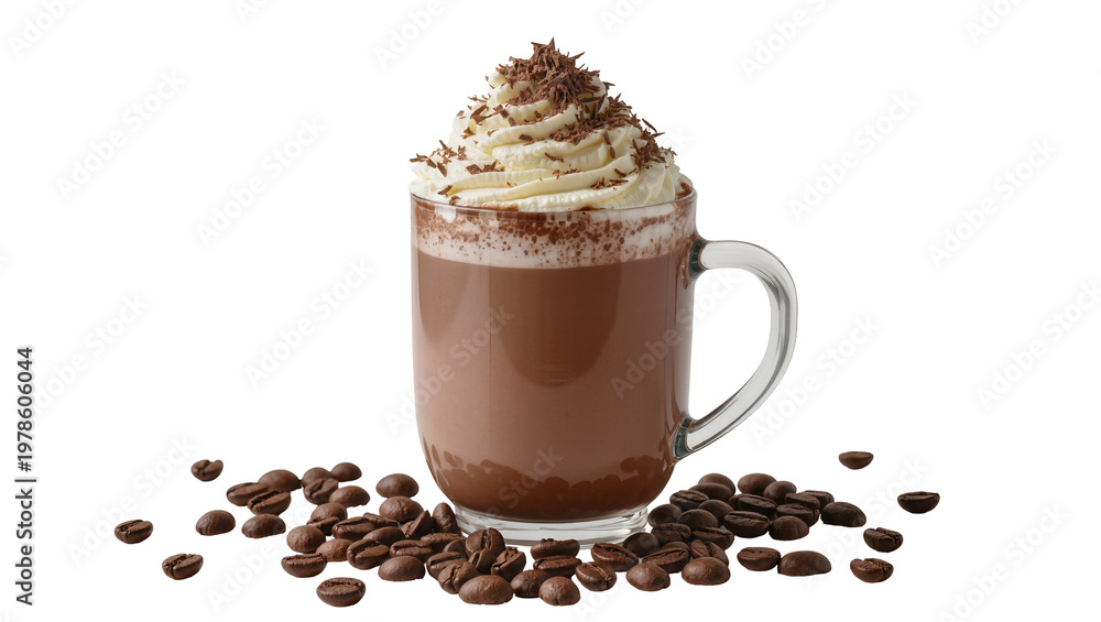 Αυτοκόλλητο Rich hot chocolate in glass mug with whipped cream and chocolate shavings, isola