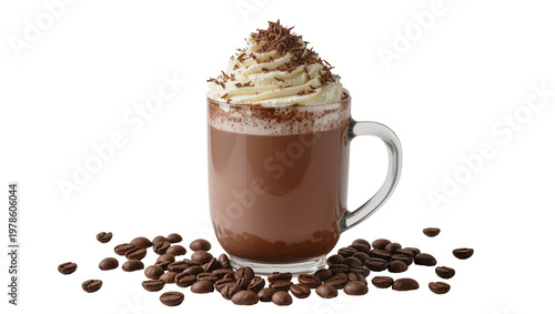 Schilderij op canvas Rich hot chocolate in glass mug with whipped cream and chocolate shavings, isola