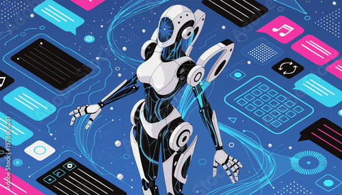 Futuristic AI Robot Assistant with Floating Digital Interface Icons in Isometric Vector Style.eps