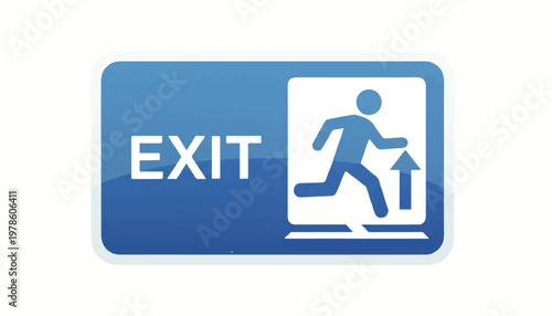 Vibrant blue emergency exit sign with a stylized running human figure and an upward arrow, clearly marking safe evacuation routes in public and commercial spaces