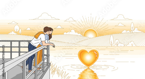 Couple Embraces Future Love Story with Golden Heart Sunrise