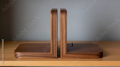 Wooden bookend on desk in modern interior with gray wall