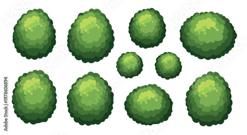 Green bush top view vector set, 10 garden shrub plant icons for landscape design, aerial view foliage elements for site maps and architectural plans