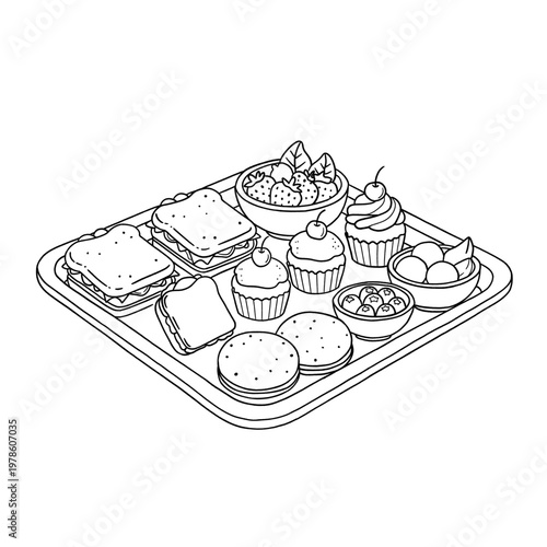 Black and White, Outline Hand drawn food illustration of snacks tray