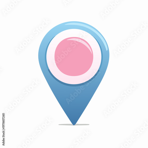 Cartoon location pin icon with a circular pink and white design.