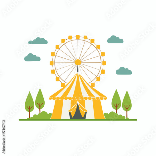 Cartoon carnival scene with a Ferris wheel and circus tent