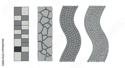 Stone paving patterns set, 4 vector path textures for landscaping, cobblestone and flagstone walkway top view, architectural garden floor plans