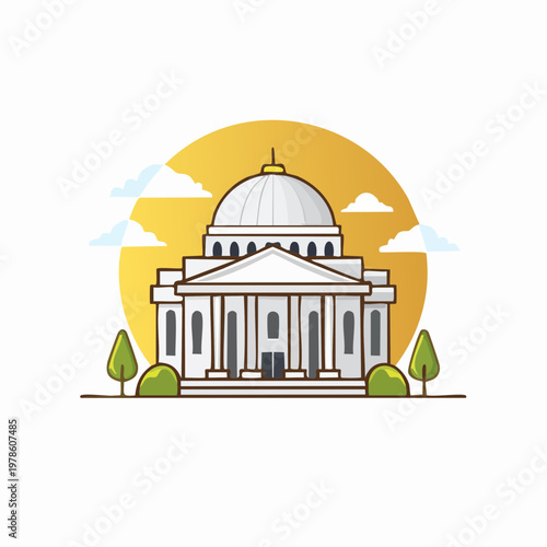 Illustrated architectural design of a governmental building under a yellow sky