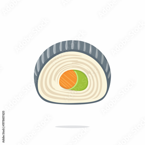 Sushi roll illustration with orange and green fillings, isolated on white