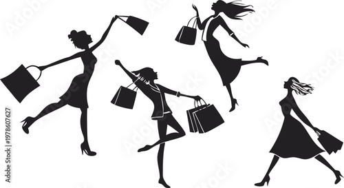 Silhouettes of happy women shopping and running with bags