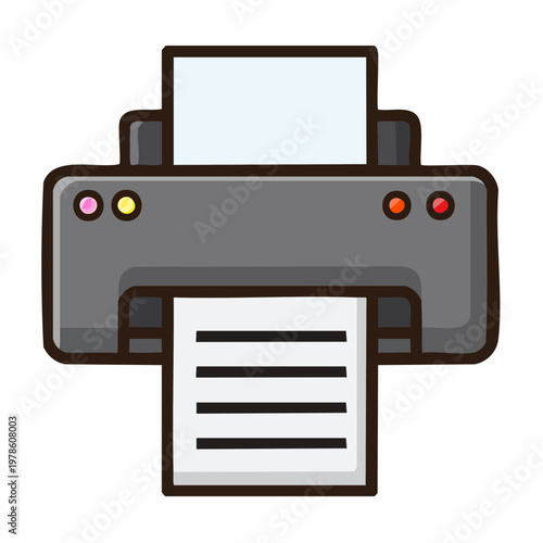 Cartoon printer illustration with printed document and paper, office equipment concept.