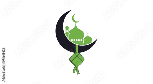 Green Mosque and Crescent Moon Symbol.