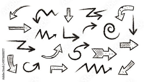 Collection of Hand-Drawn Arrows in Various Styles Wavy, Straight, Curved, Spiral, and Decorative Designs