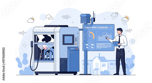 Modern automated dairy farm illustration with climate impact dashboard analysis shown by farm