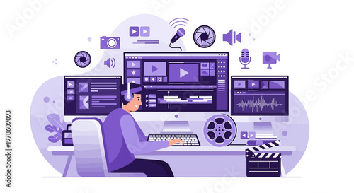 Modern creator engaged in professional video audio editing workstation setup