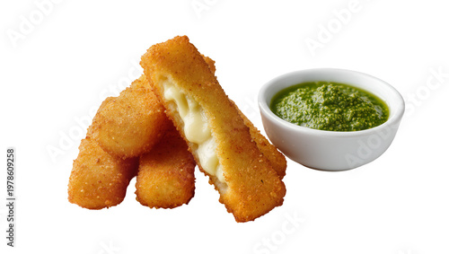 Foto Golden fried mozzarella cheese sticks with melted cheese served with green pesto