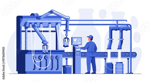 Modern factory line utilizing automation and human oversight for efficient operations in the