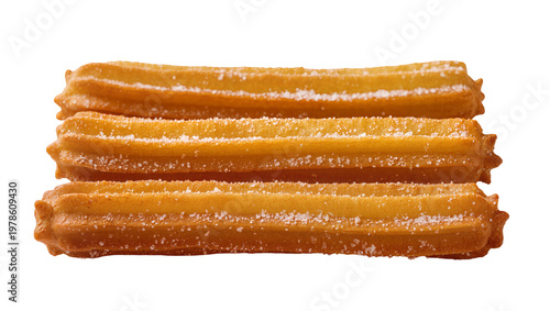 Fotografie Golden brown churros dusted with sugar, isolated on transparent background