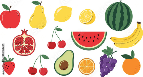 Organic fruit vector icon collection. Hand-drawn illustrations of pomegranate, avocado, watermelon, lemon, grapes, and berries for healthy food and wellness design.