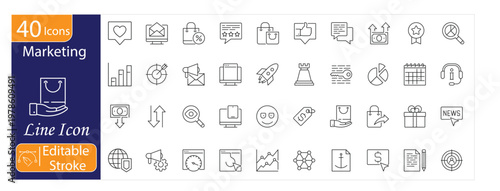 Marketing Icons Set, Advertising, Promotion Strategy, Branding, Campaign Management, Market Research, Customer Targeting, Editable Stroke Vector Illustration.