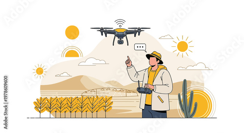 Modern farming concept with a drone, farmer and agricultural landscape in minimalistic vector style