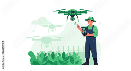 Modern farming: Farmer operating drones for crop monitoring and precision agriculture