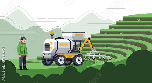 Modern farming: Farmer monitoring autonomous precision irrigation system on hillside rice terraces