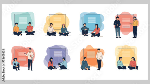 Illustrative set of people in various social interactions like talking, presenting, and sitting together against soft shapes.