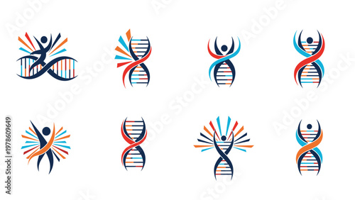 Collection of DNA helix logos combined with human figures and abstract rays representing genetics and biotechnology concepts.