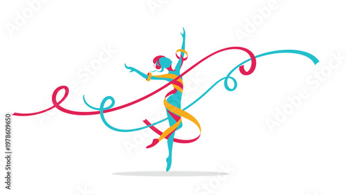 Dynamic silhouette of a rhythmic gymnast performing with colorful swirling ribbons in a graceful and artistic dance pose.