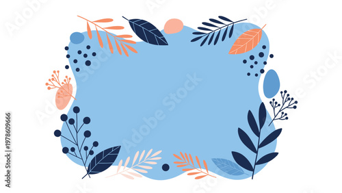 Abstract frame decorated with various navy blue and peach colored leaves and berries on a soft blue background shape.