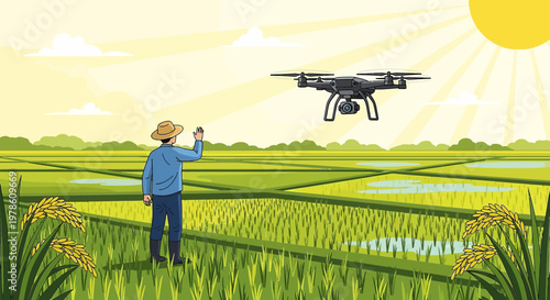 Modern farming farmer using drone technology for monitoring rice fields with bright sunrays